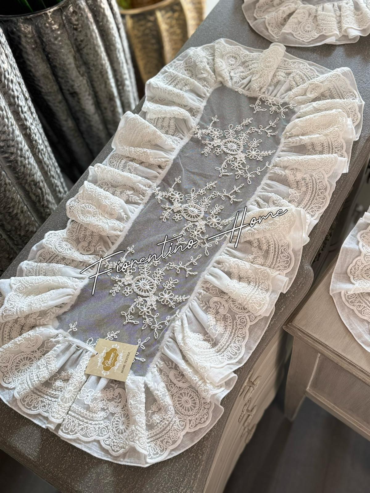 Tris centrini in pizzo  e garza di cotone sartoriale Roccoco - vari colori -  80x40+45x40 - Charme Home Textile